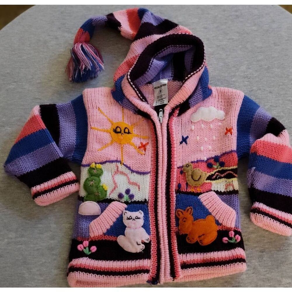PERUVIAN HAND KNIT PATCHWORK HOODED ZIP UP PINK SWEATER NWT